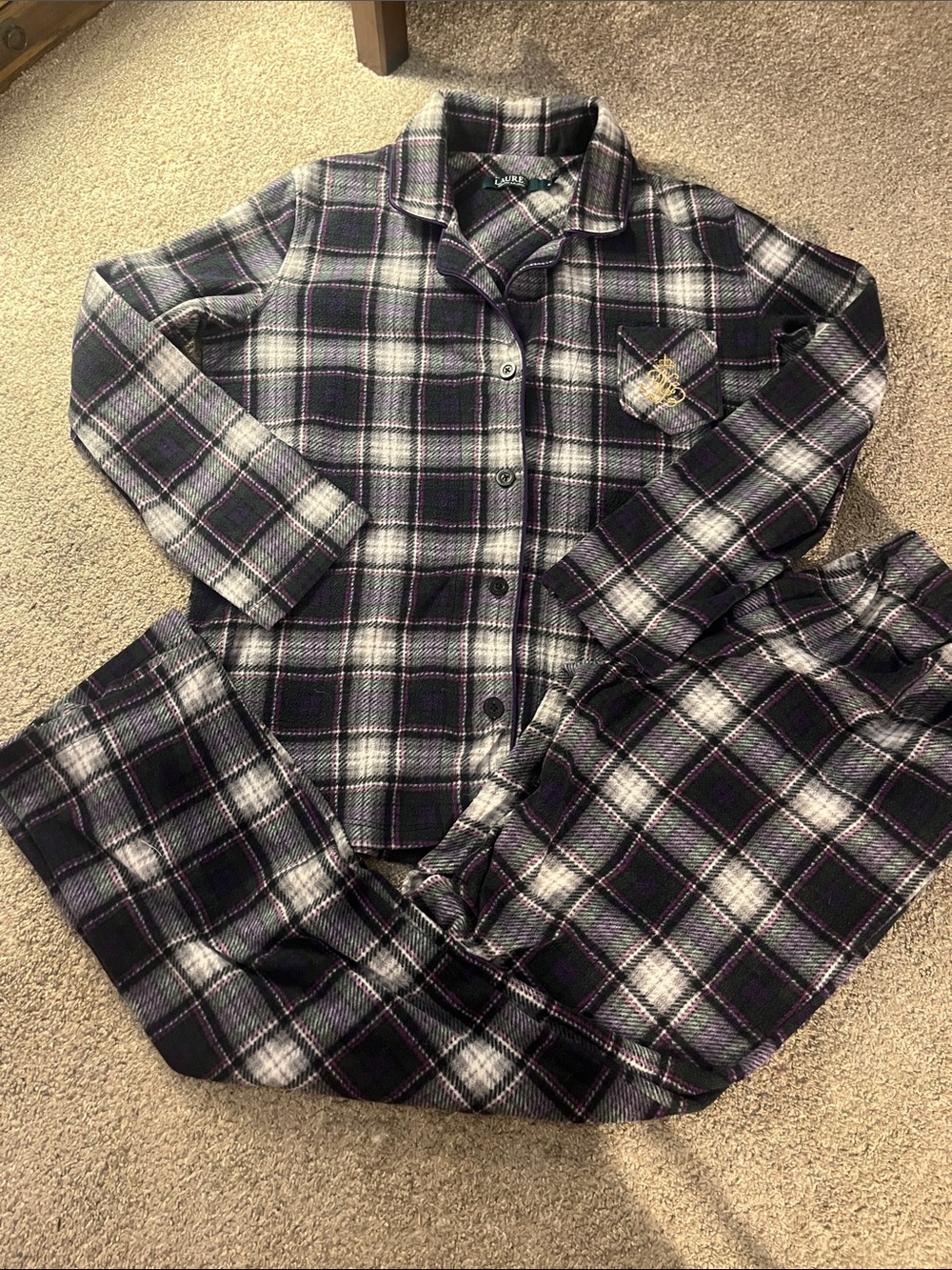 🌲💜🌲💜🌲Lauren Ralph Lauren Purple Green White Plaid Fleece Pajama Set szS EUC